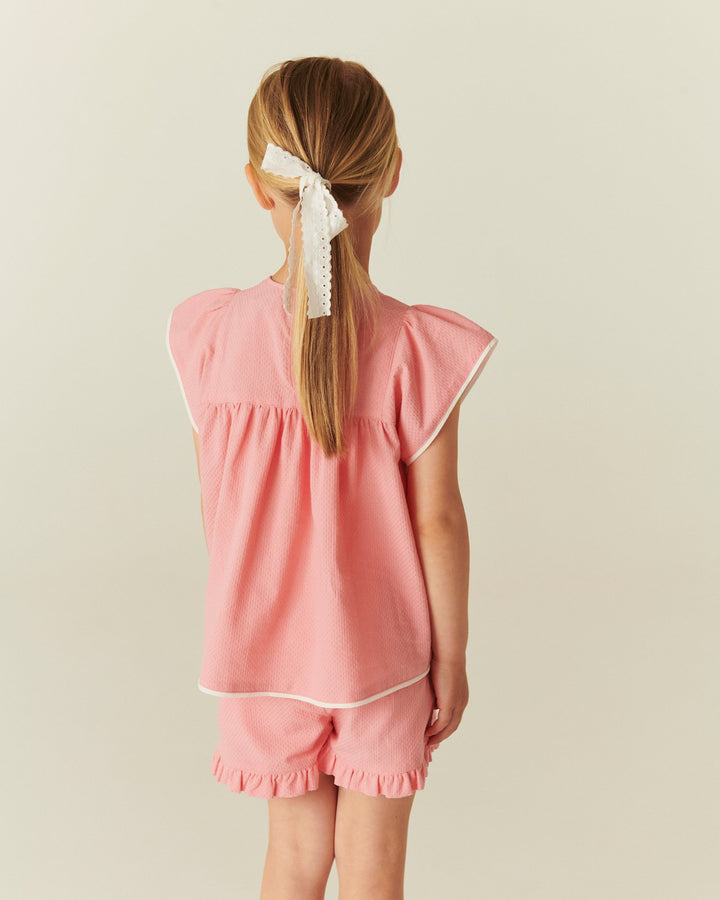 BLOUSE W. CONTRAST PIPING - PINK COMB.