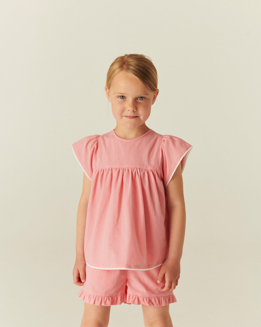 BLOUSE W. CONTRAST PIPING - PINK COMB.