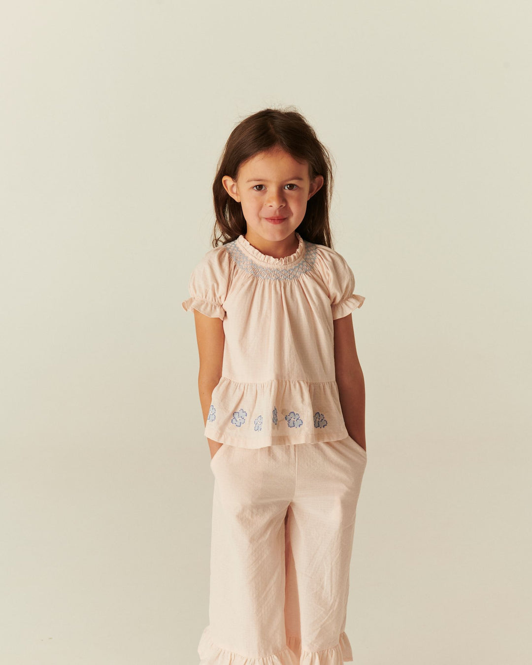 BLOUSE W. SMOCK W. EMB. - DUSTY ROSE COMB.