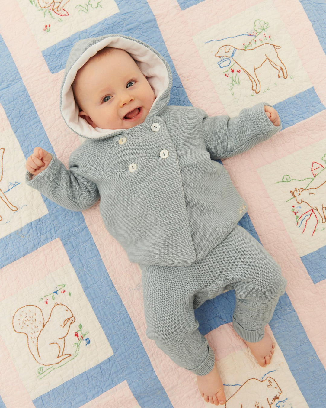 COTTON BABY JACKET W. HOOD - DUSTY BLUE W CREAM