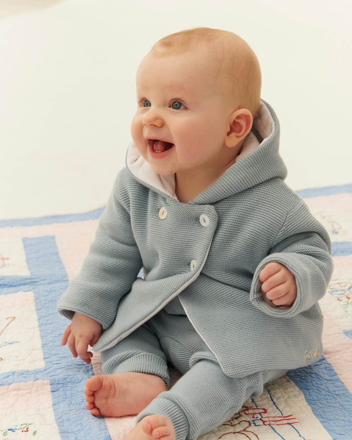 COTTON BABY JACKET W. HOOD - DUSTY BLUE W CREAM