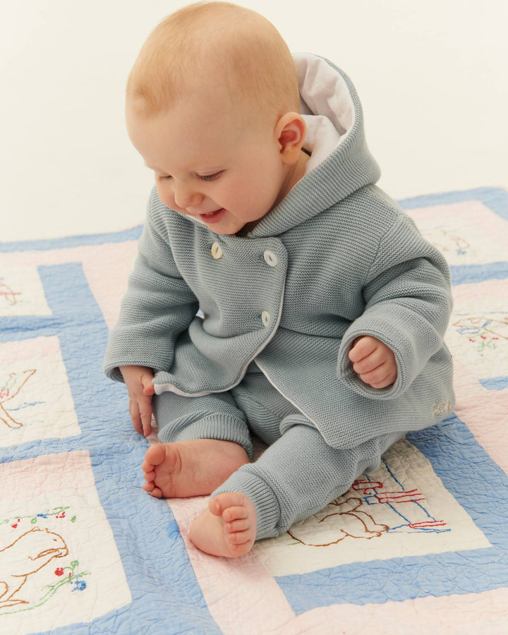COTTON BABY JACKET W. HOOD - DUSTY BLUE W CREAM