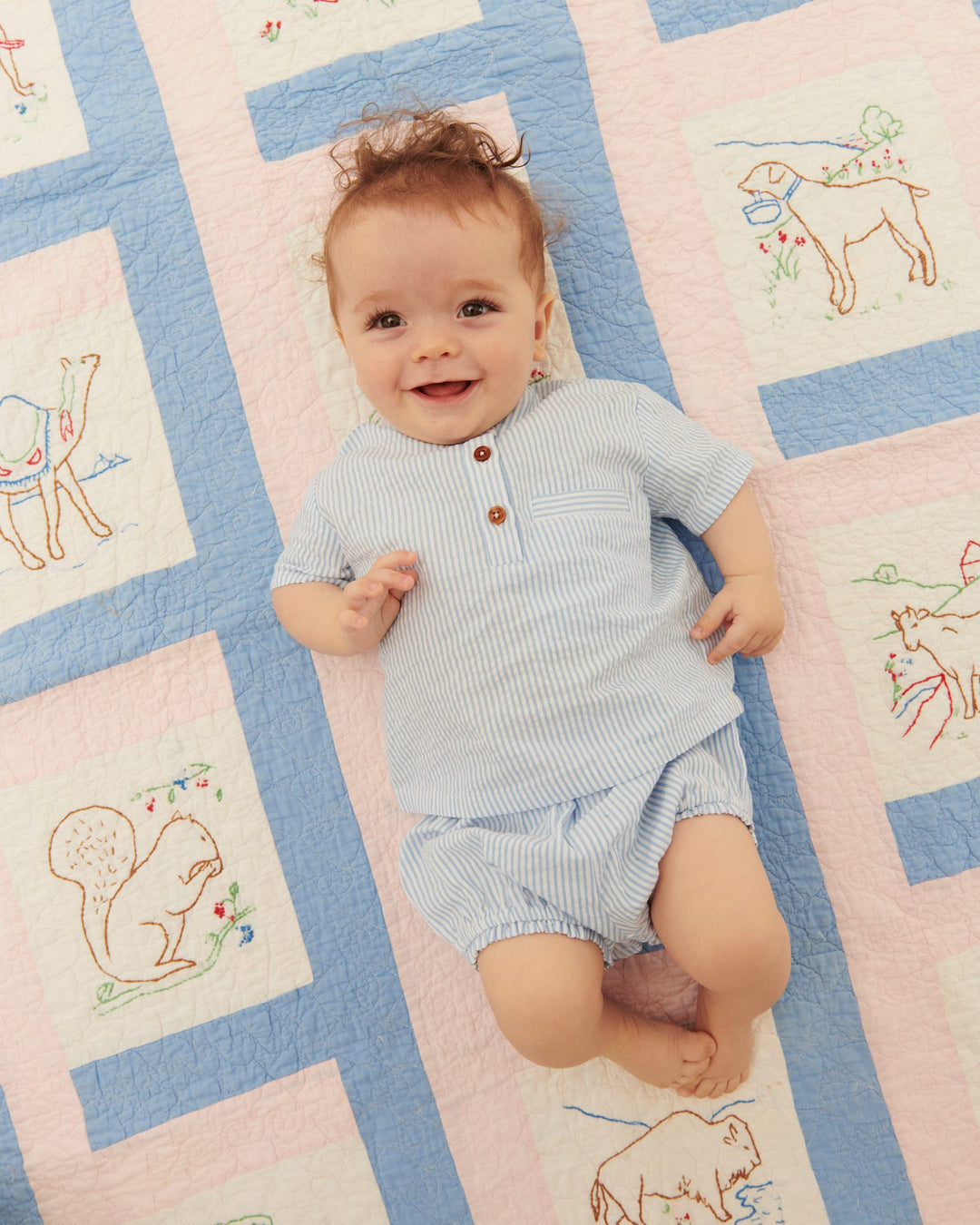 SEERSUCKER BABY SET - SKY BLUE W CREAM STRIPE