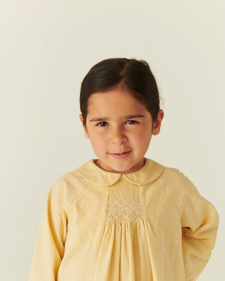 BLOUSE LS W. SMOCK EMB. - PALE YELLOW COMB.
