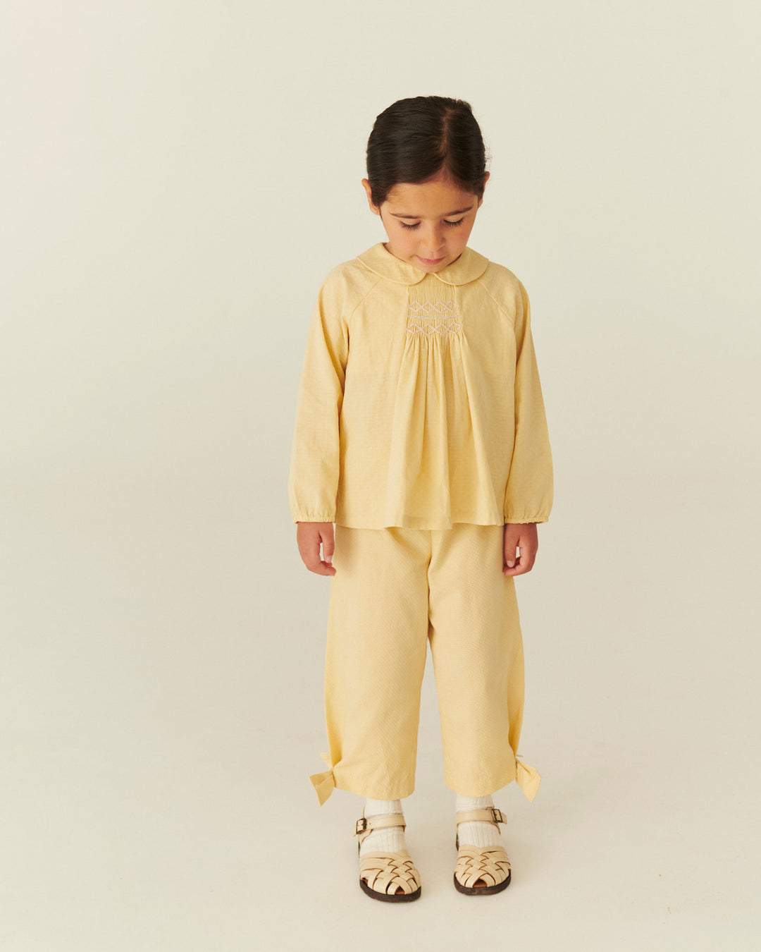 BLOUSE LS W. SMOCK EMB. - PALE YELLOW COMB.