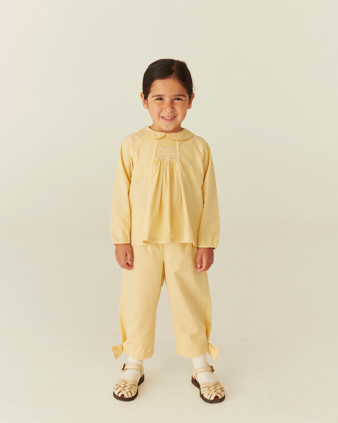 BLOUSE LS W. SMOCK EMB. - PALE YELLOW COMB.