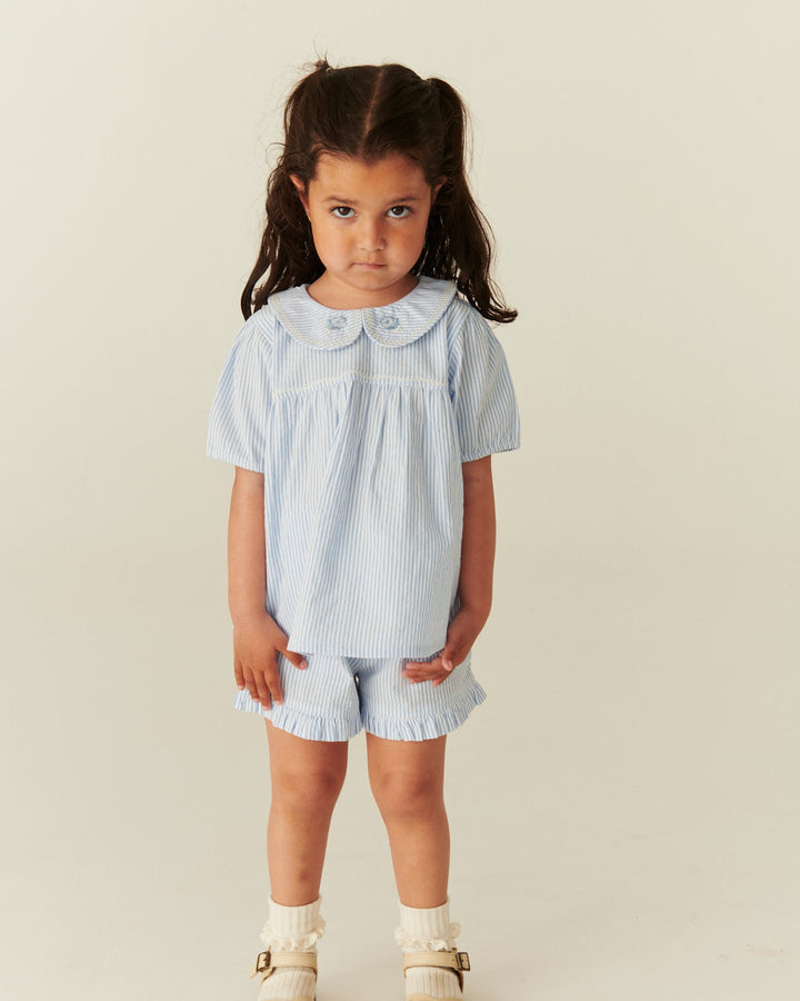 SEERSUCKER BLOUSE W. COLLAR - SKY BLUE W CREAM STRIPE