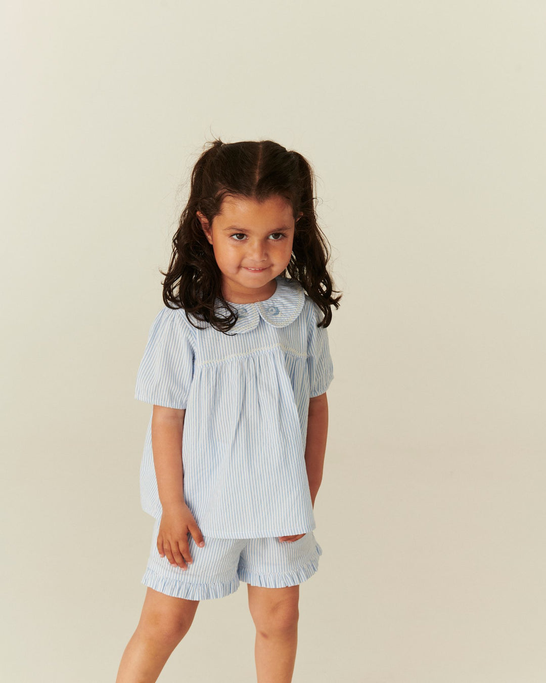 SEERSUCKER BLOUSE W. COLLAR - SKY BLUE W CREAM STRIPE