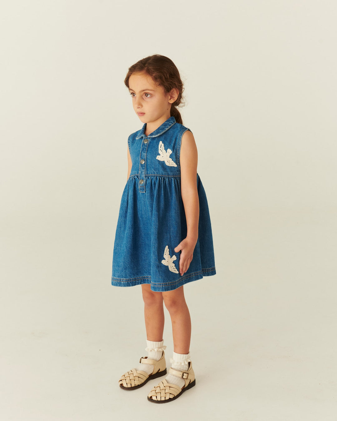 DENIM DRESS W. CROCHET DOVES - INDIGO BLUE WASHED