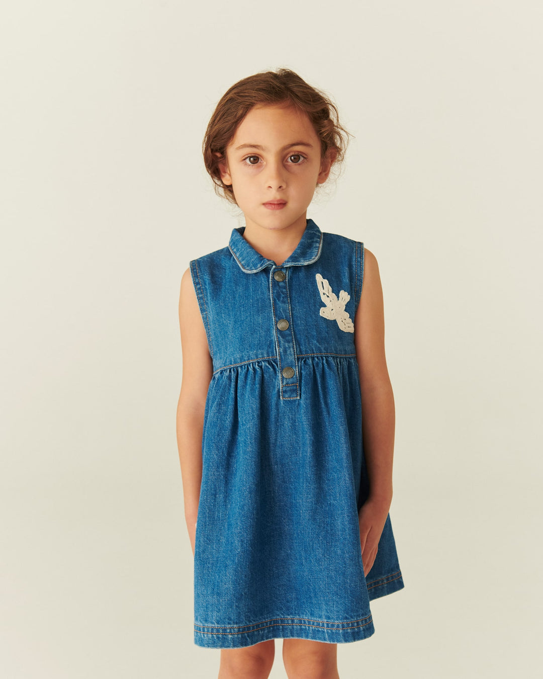 DENIM DRESS W. CROCHET DOVES - INDIGO BLUE WASHED