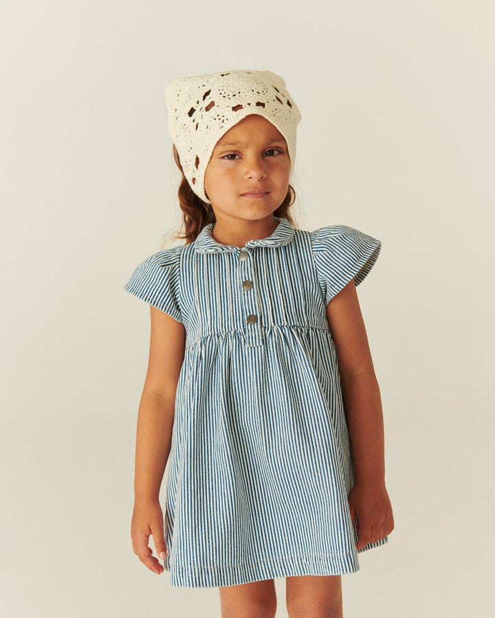 Y/D STRIPE DRESS W. FRILL SLEEVES - DENIM BLUE STRIPE
