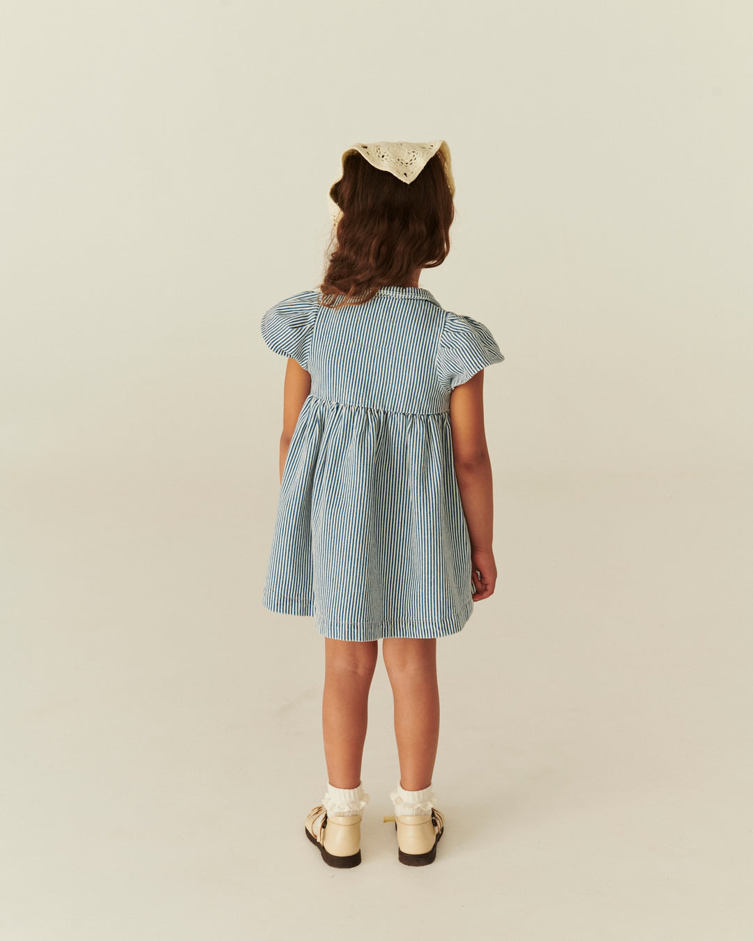 Y/D STRIPE DRESS W. FRILL SLEEVES - DENIM BLUE STRIPE