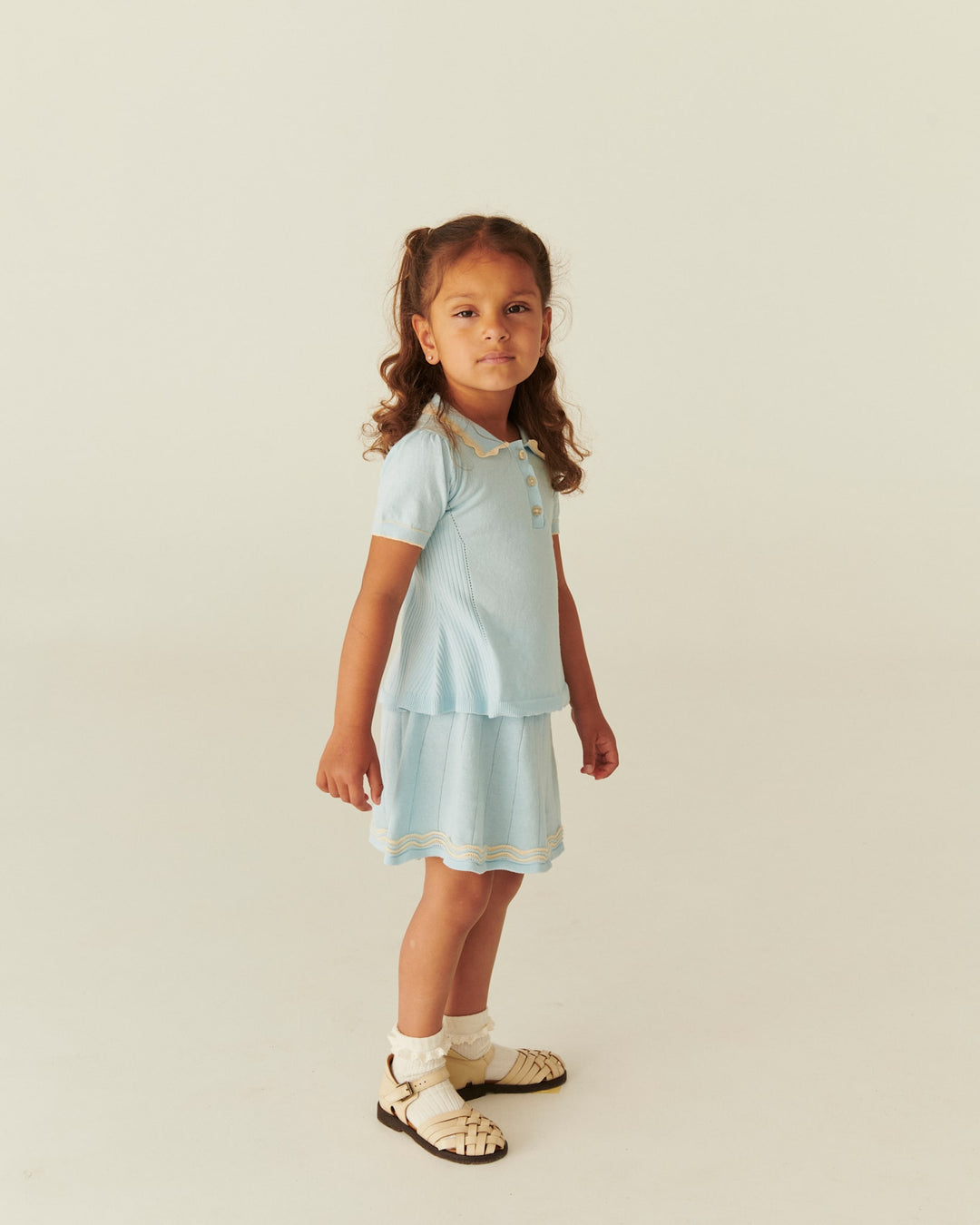 KNITTED PEPLUM BLOUSE - ICE BLUE/CREAM COMB.
