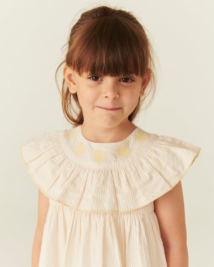 SEERSUCKER DRESS W. HEART - DUSTY ROSE W CREAM STRIPE W YELLOW