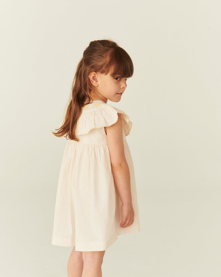 SEERSUCKER DRESS W. HEART - DUSTY ROSE W CREAM STRIPE W YELLOW