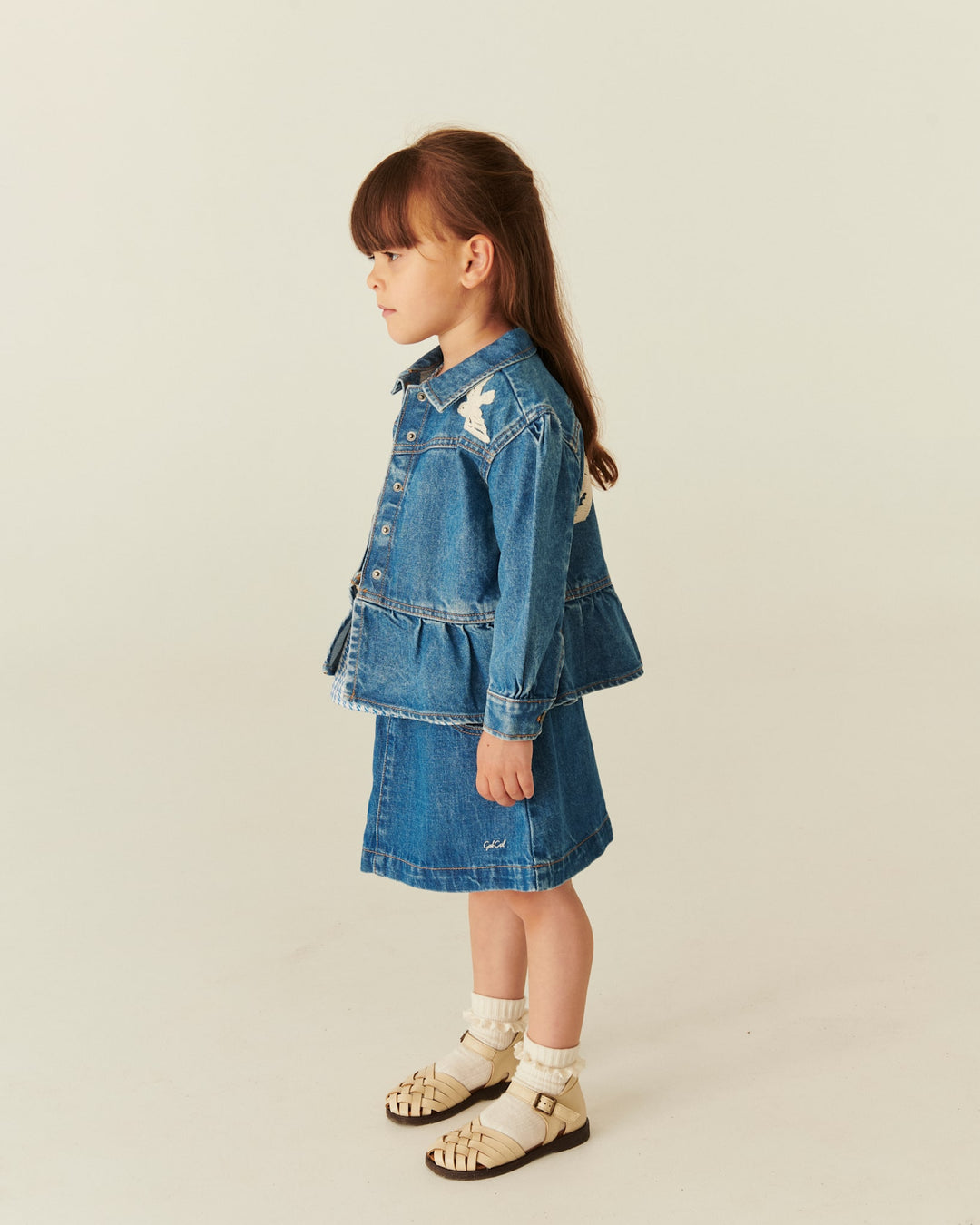 DENIM FRILL JACKET W. CROCHET DOVES - INDIGO BLUE WASHED