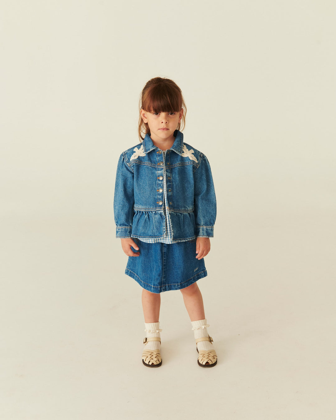 DENIM FRILL JACKET W. CROCHET DOVES - INDIGO BLUE WASHED