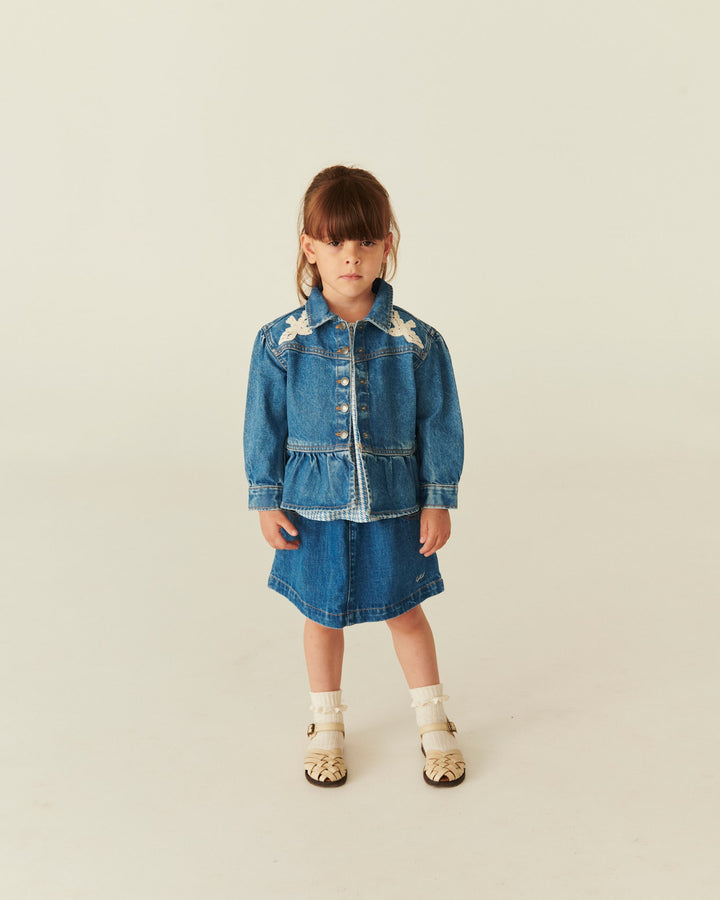 DENIM FRILL JACKET W. CROCHET DOVES - INDIGO BLUE WASHED