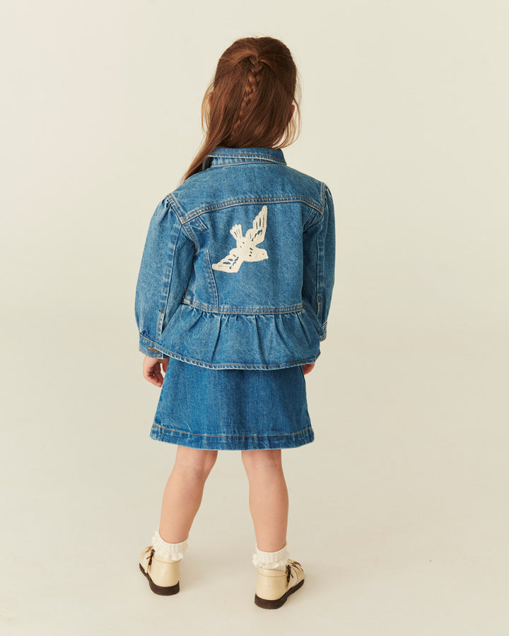 DENIM FRILL JACKET W. CROCHET DOVES - INDIGO BLUE WASHED