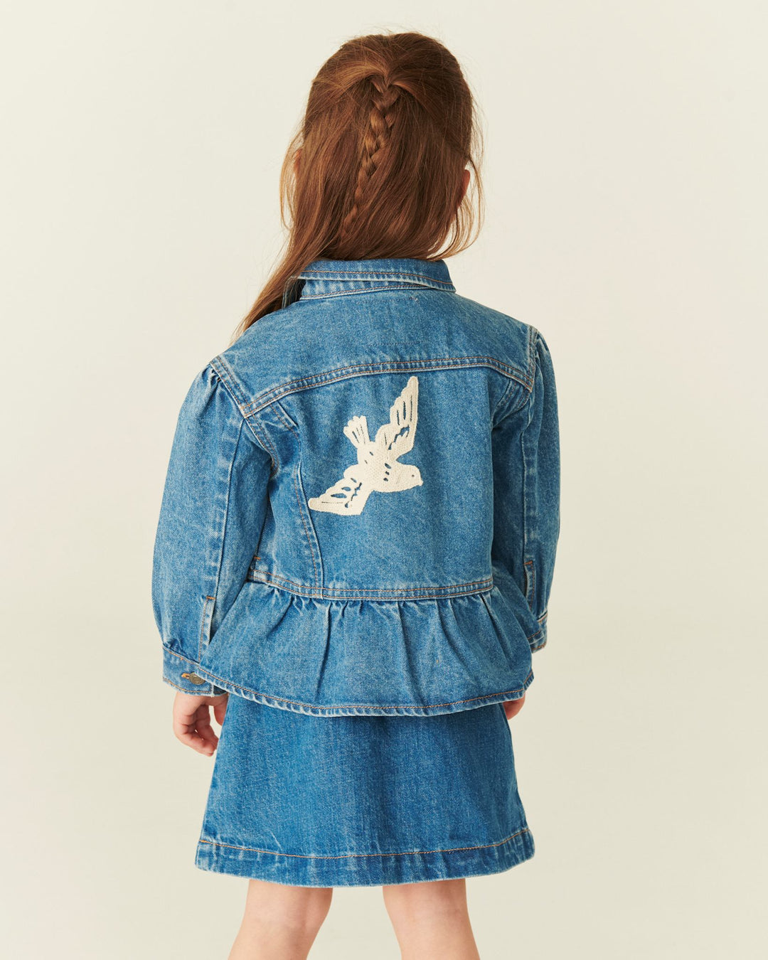 DENIM FRILL JACKET W. CROCHET DOVES - INDIGO BLUE WASHED