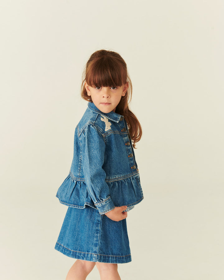 DENIM FRILL JACKET W. CROCHET DOVES - INDIGO BLUE WASHED
