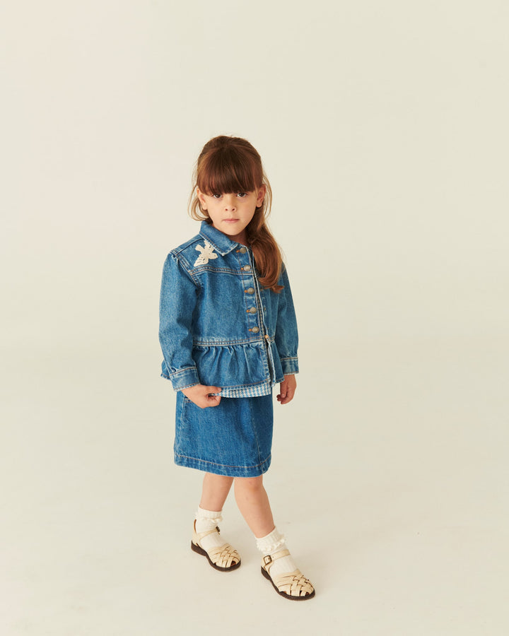DENIM FRILL JACKET W. CROCHET DOVES - INDIGO BLUE WASHED