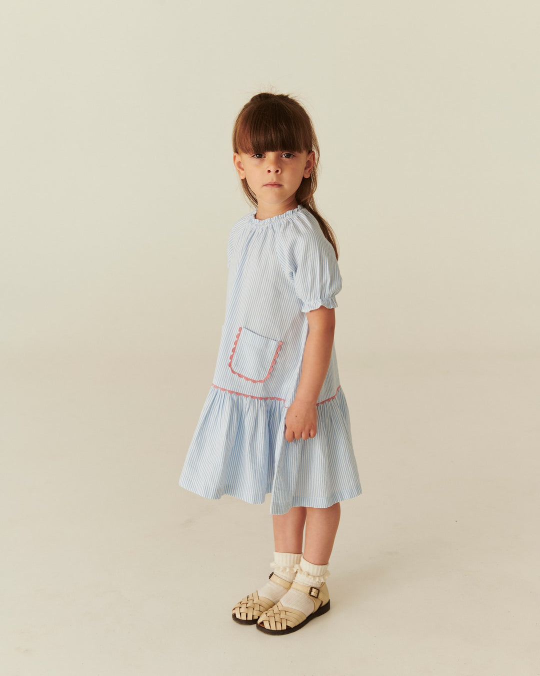 SEERSUCKER DRESS W. POCKETS - SKY BLUE W CREAM STRIPE