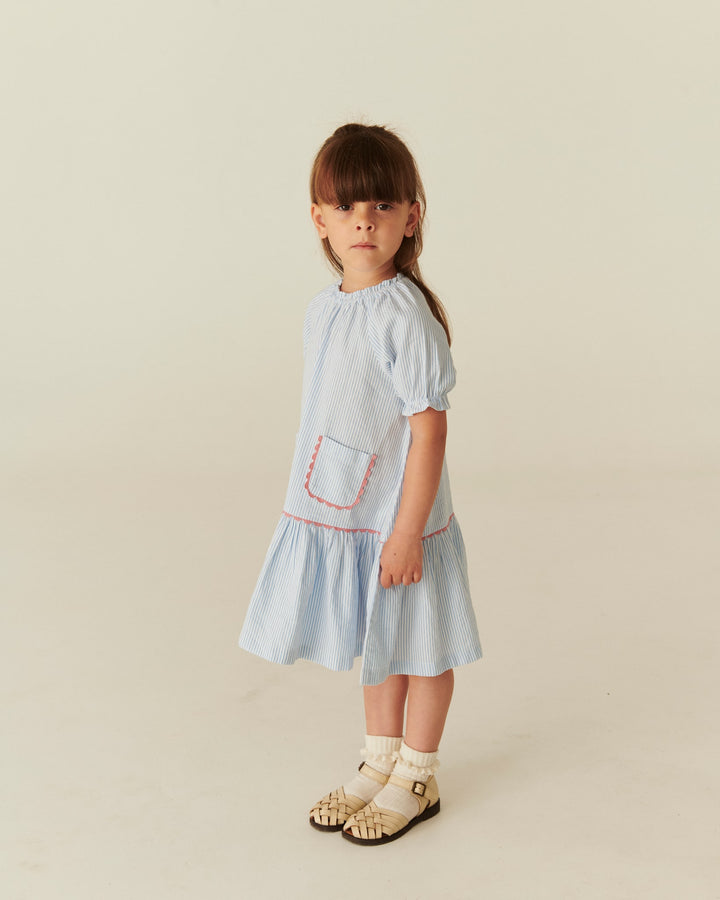 SEERSUCKER DRESS W. POCKETS - SKY BLUE W CREAM STRIPE