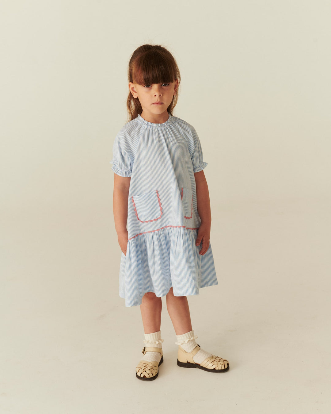 SEERSUCKER DRESS W. POCKETS - SKY BLUE W CREAM STRIPE