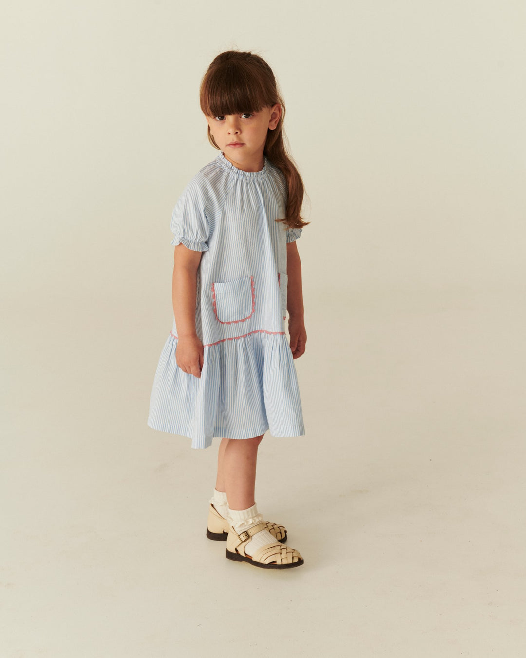 SEERSUCKER DRESS W. POCKETS - SKY BLUE W CREAM STRIPE