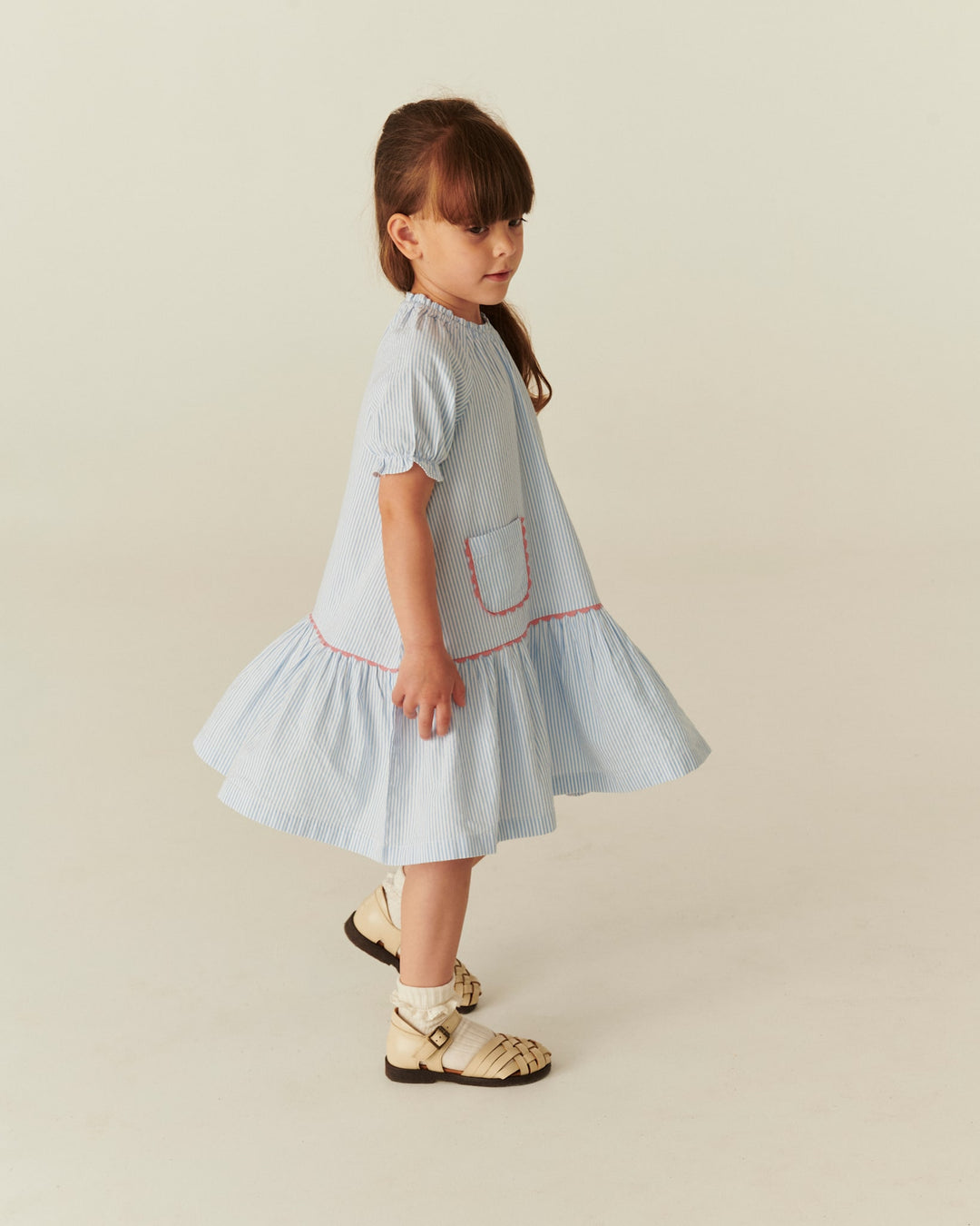SEERSUCKER DRESS W. POCKETS - SKY BLUE W CREAM STRIPE