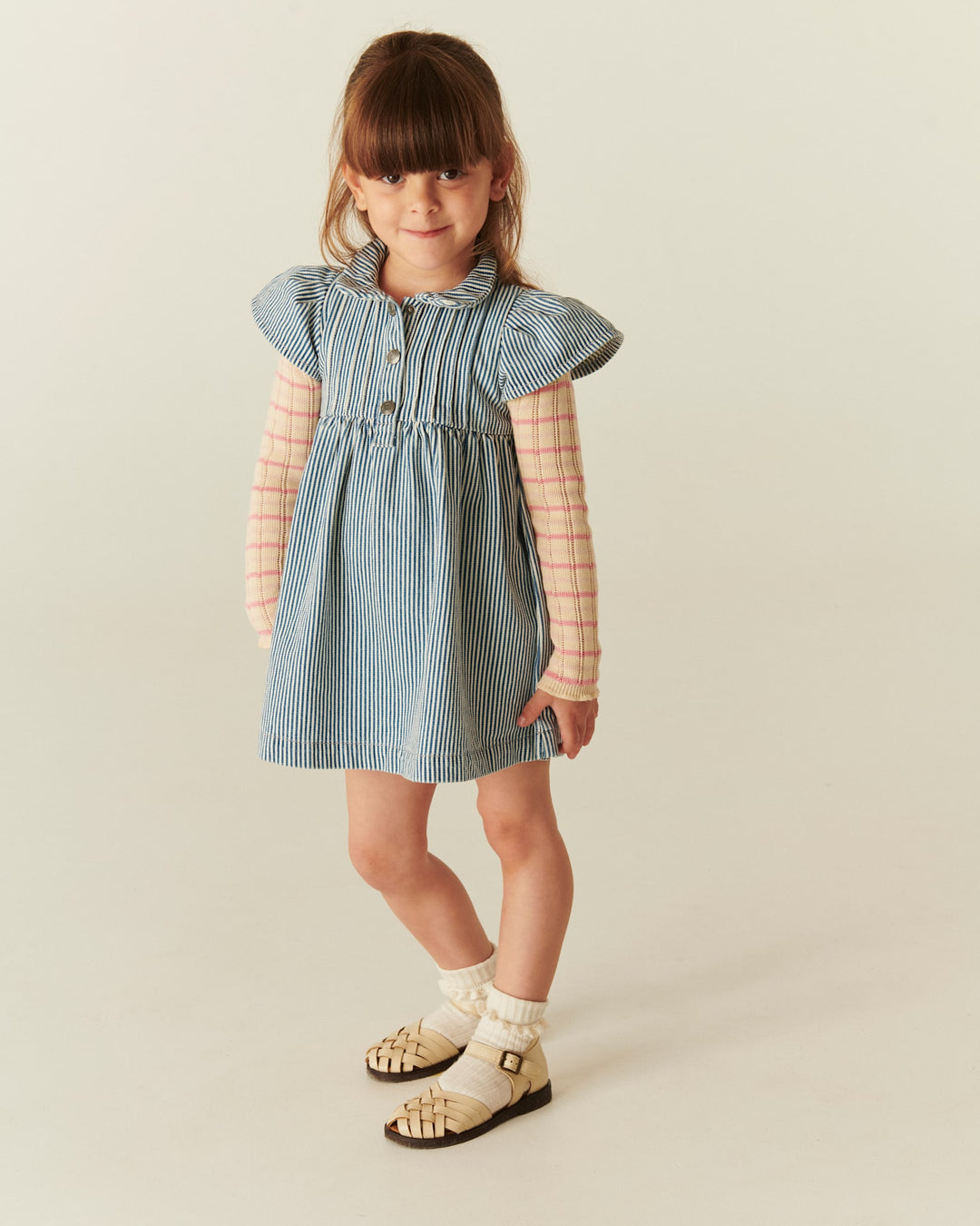 Y/D STRIPE DRESS W. FRILL SLEEVES - DENIM BLUE STRIPE