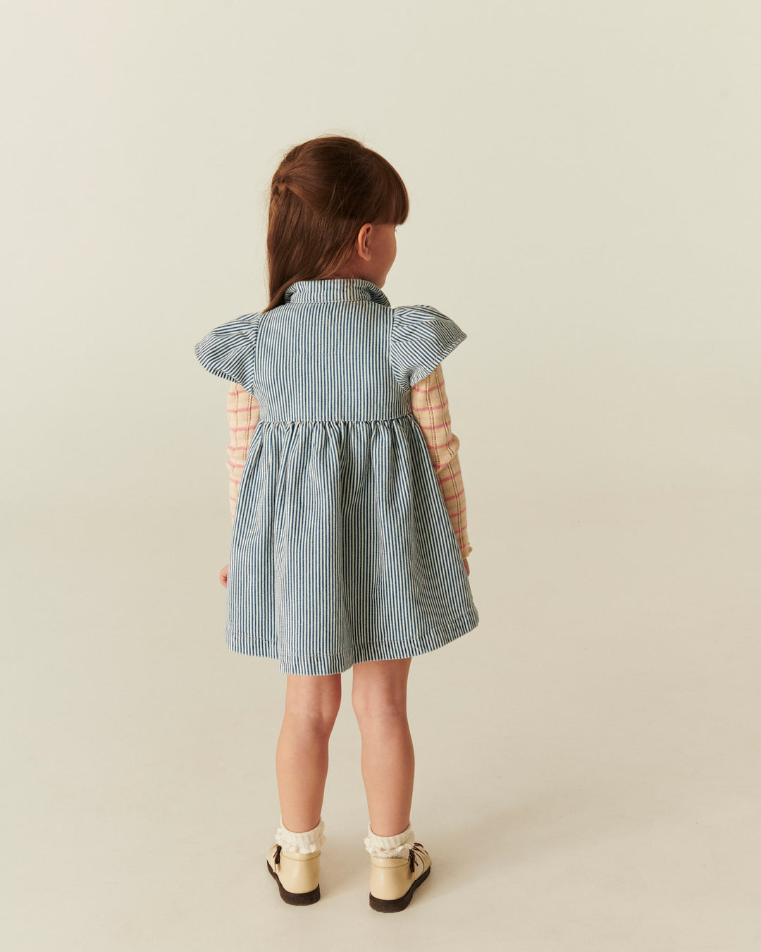 Y/D STRIPE DRESS W. FRILL SLEEVES - DENIM BLUE STRIPE