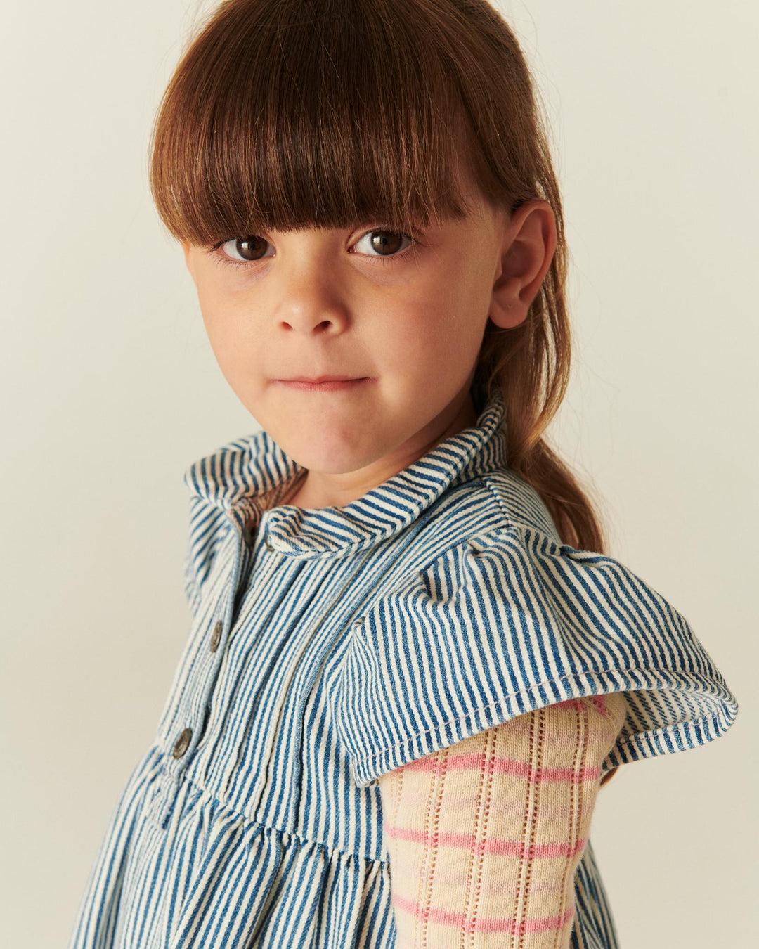 Y/D STRIPE DRESS W. FRILL SLEEVES - DENIM BLUE STRIPE