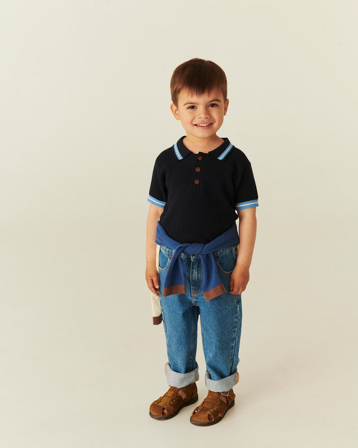 Knitted Pattern Polo - Navy,Blue,Cream Comb.