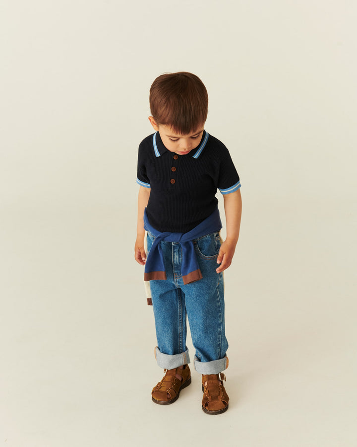Knitted Pattern Polo - Navy,Blue,Cream Comb.