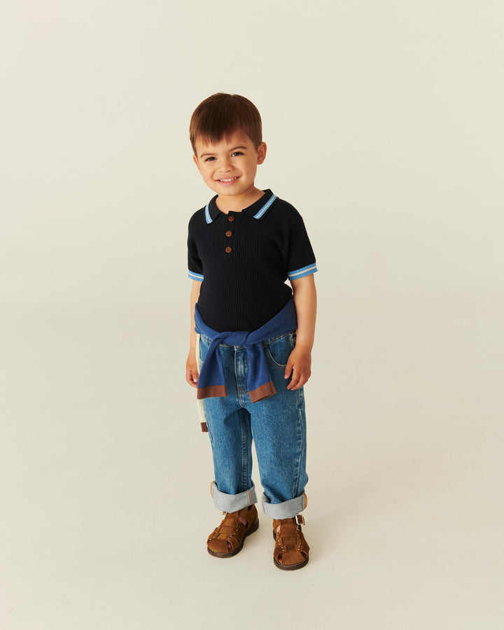 Knitted Pattern Polo - Navy,Blue,Cream Comb.