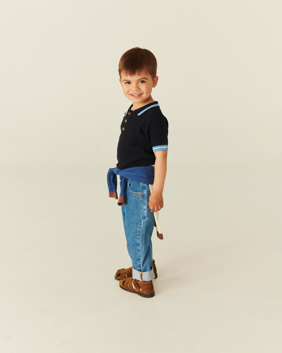 Knitted Pattern Polo - Navy,Blue,Cream Comb.