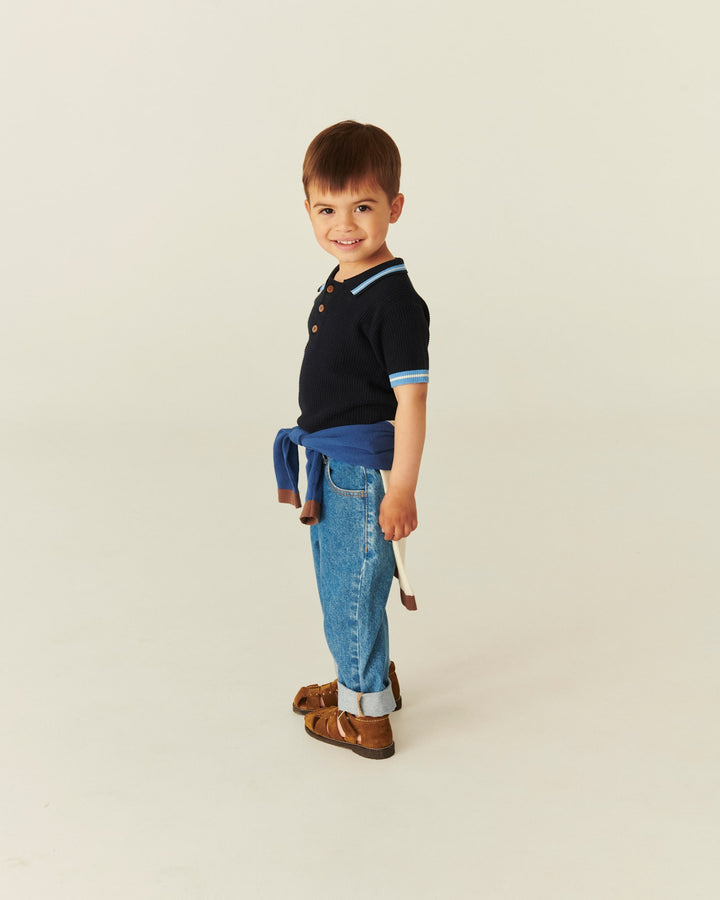 Knitted Pattern Polo - Navy,Blue,Cream Comb.
