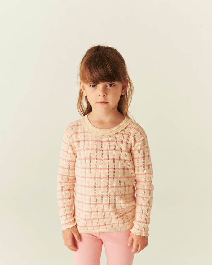 Knitted Stripe Pointelle Ls Blouse - Pink Comb.