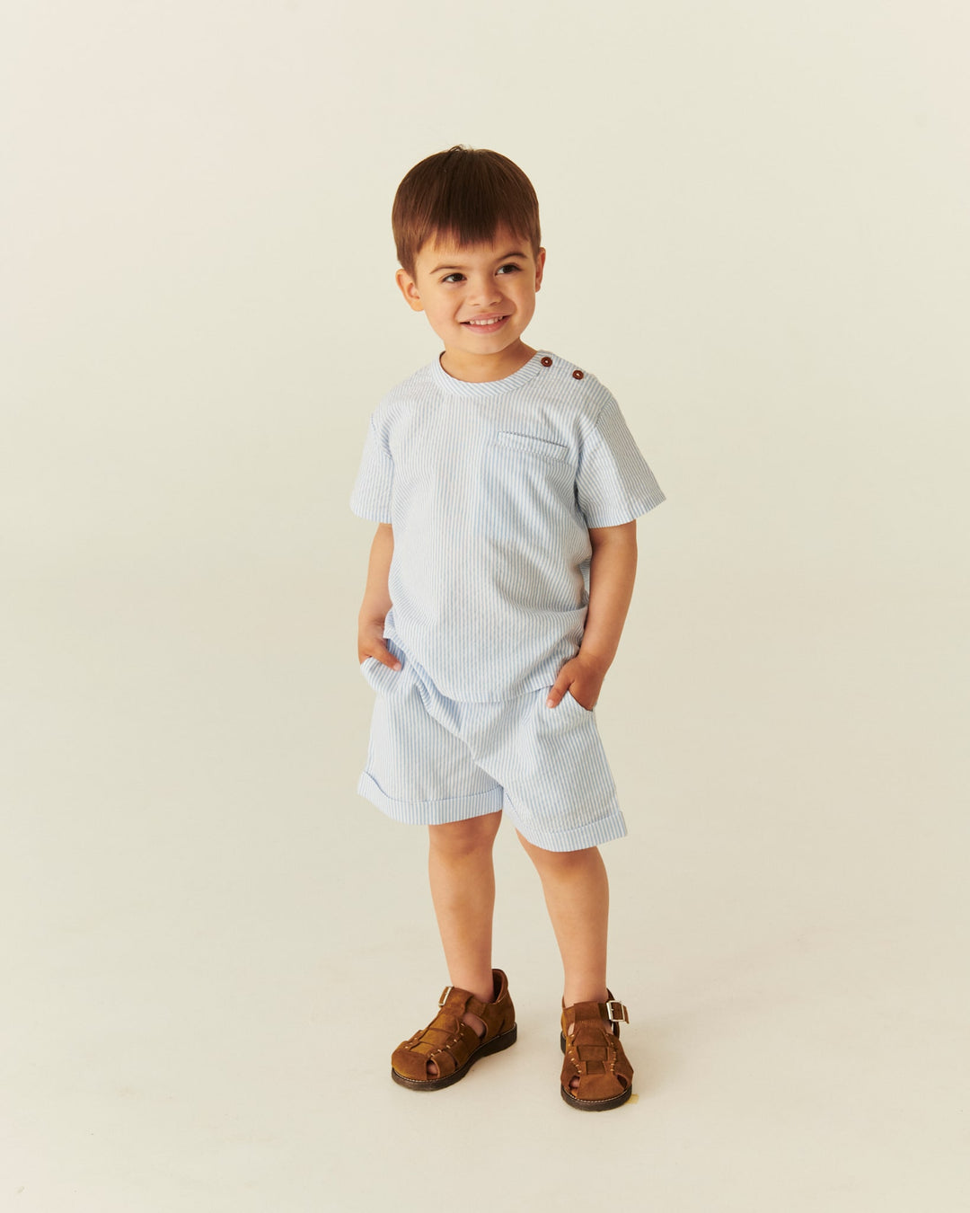 SEERSUCKER SS BLOUSE - SKY BLUE W CREAM STRIPE