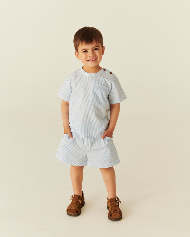 SEERSUCKER SS BLOUSE - SKY BLUE W CREAM STRIPE