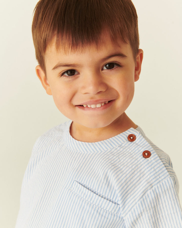 SEERSUCKER SS BLOUSE - SKY BLUE W CREAM STRIPE