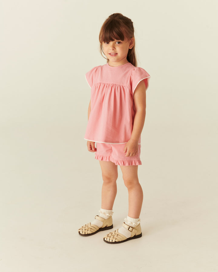 BLOUSE W. CONTRAST PIPING - PINK COMB.