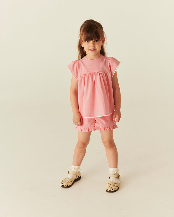 BLOUSE W. CONTRAST PIPING - PINK COMB.