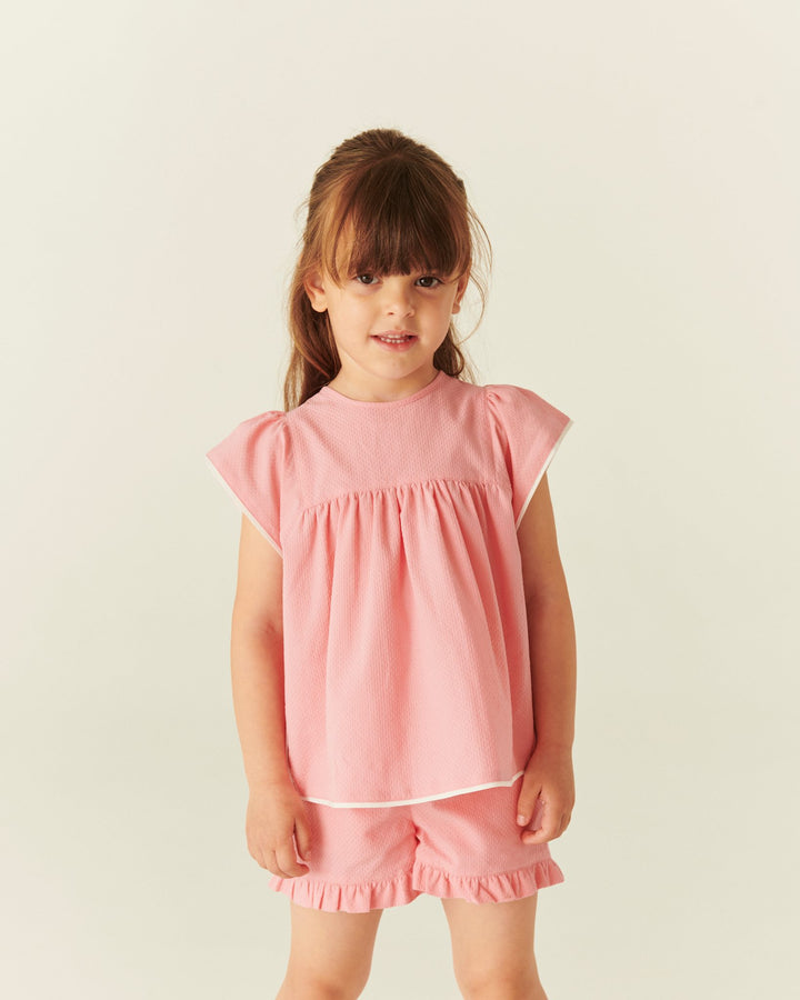 BLOUSE W. CONTRAST PIPING - PINK COMB.