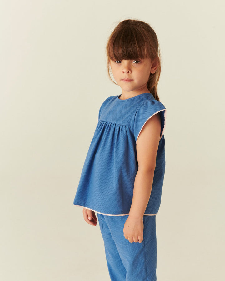 BLOUSE W. CONTRAST PIPING - OCEAN BLUE COMB.