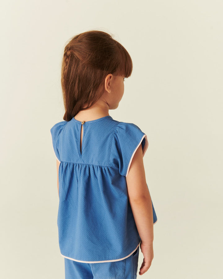 BLOUSE W. CONTRAST PIPING - OCEAN BLUE COMB.