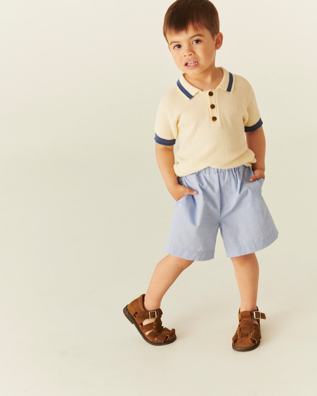 KNITTED PATTERN POLO - CREAM, BLUE, BROWN COMB.