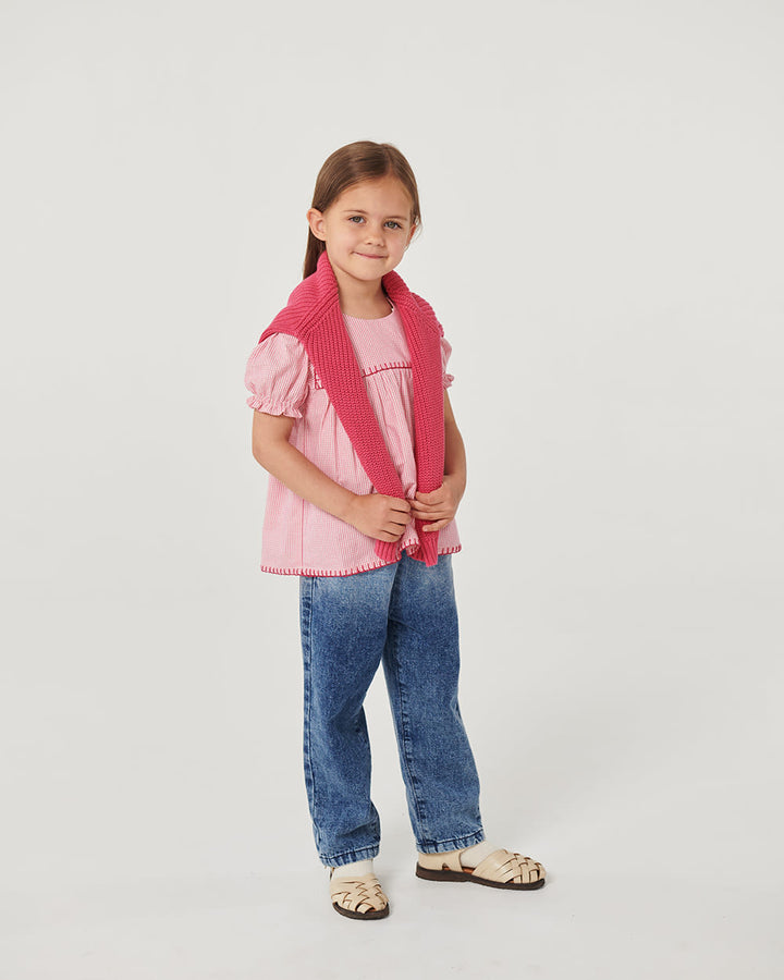 FRILL DENIM PANTS W. BOW - BLOCK SPRAY